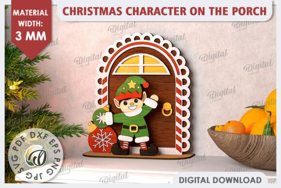 3D Christmas Elf on the Porch Laser Cut for Winter Amp